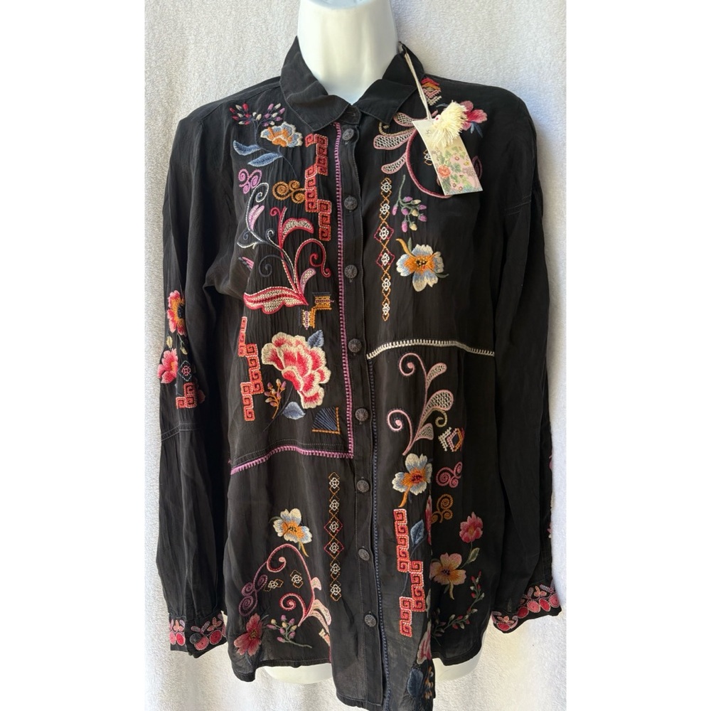 Johnny Was Boho Embroidered Blouse Floral Multicolored Collared